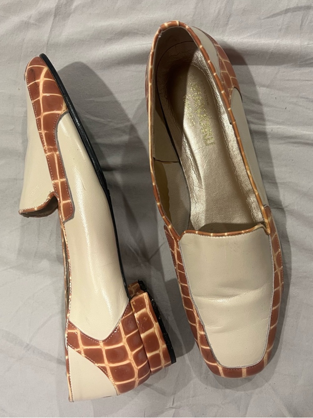 Cream and Brown Croc-Trim Women's Loafers